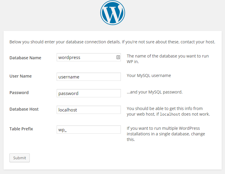 WordPress installation database configuration