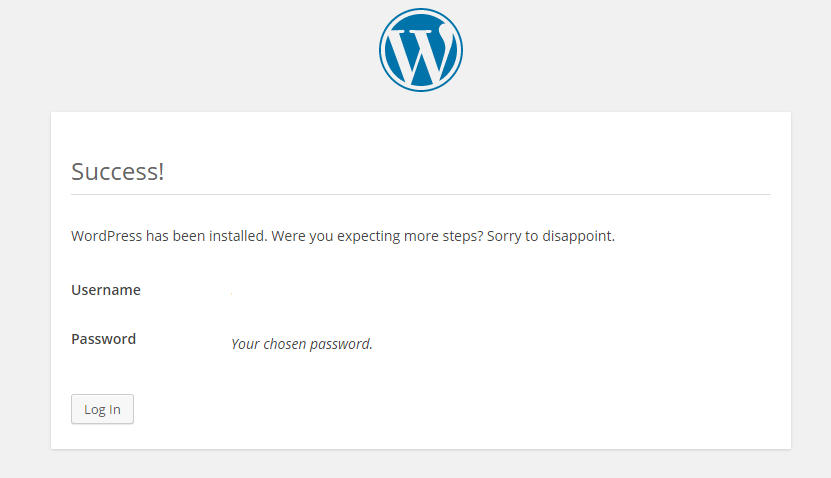 WordPress installation success