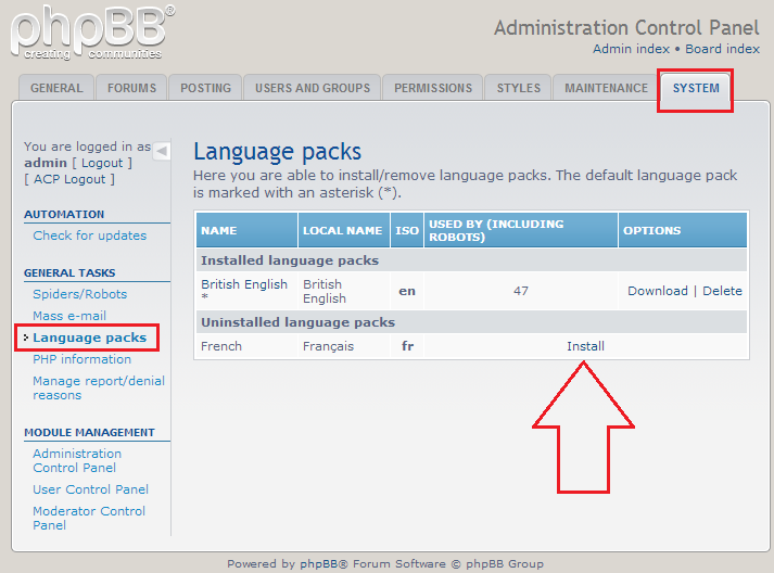 install phpbb language packs