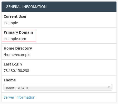 cpanel general info primary domain