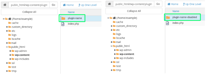 A screenshot of WordPress Plugin Renaming in cPanel
