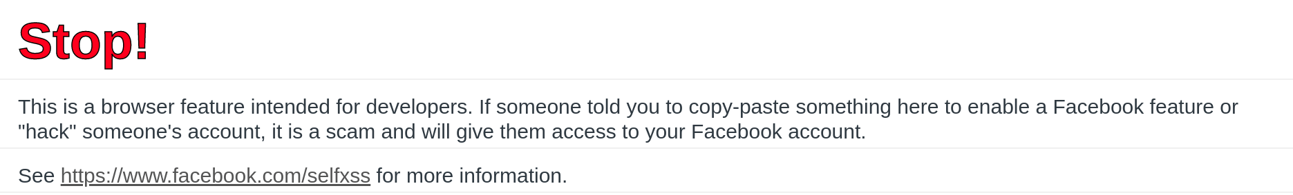 Facebook Console Warning for Self XSS