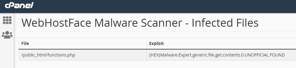 WebHostFace Malware Scanner Results with infected files